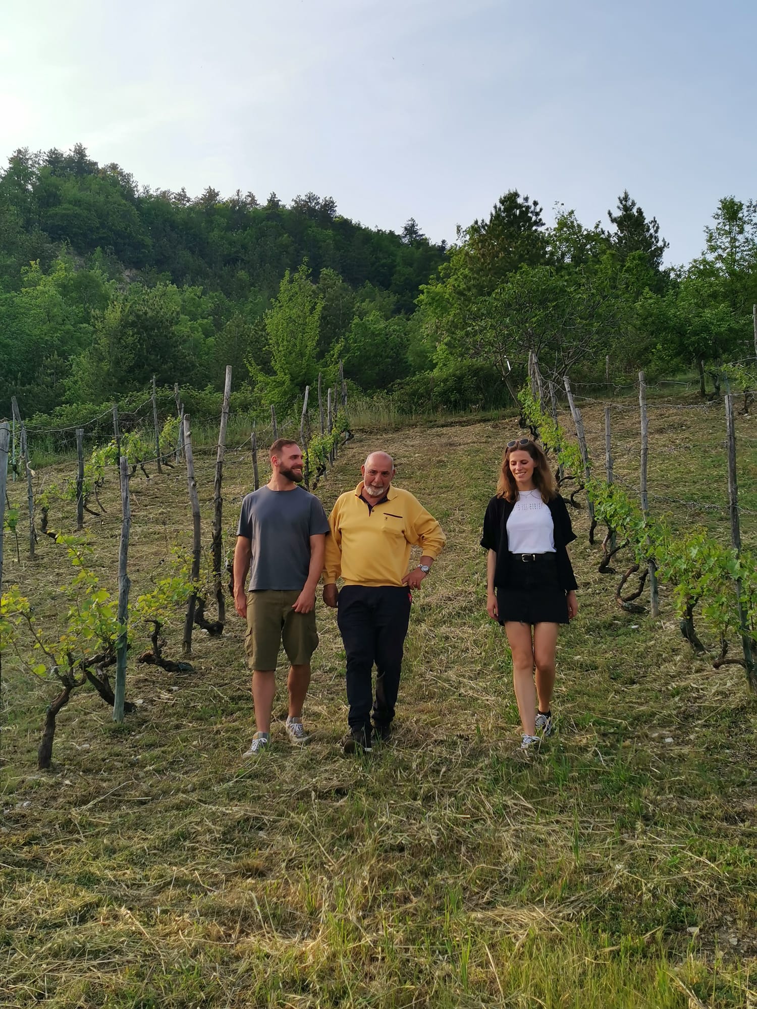 Dario, Federica ed Enzo nel vigneto